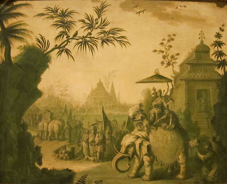 A Chinoiserie Procession of Figures Riding on Elephants with Temples Beyond